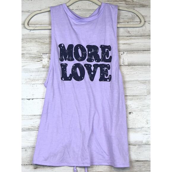 NWT No Boundaries Tank Top “MORE LOVE” Juniors Size Small Purple Cinched Back - Picture 1 of 8